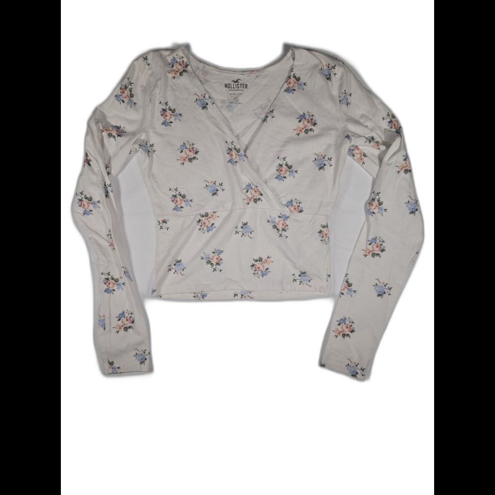 Hollister White Floral Long Sleeve Small Baby Tee V-Neck